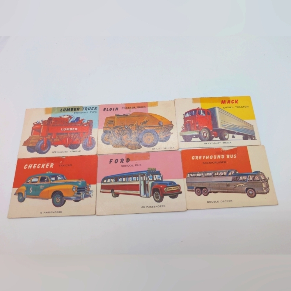 1954 Topps Car Card Set 6 Utility Mack, Elgin, Checker, Ford Bus, Greyhound Bus